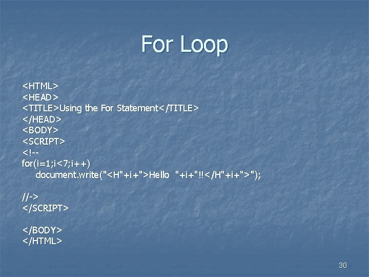 For Loop <HTML> <HEAD> <TITLE>Using the For Statement</TITLE> </HEAD> <BODY> <SCRIPT> <!-for(i=1; i<7; i++)