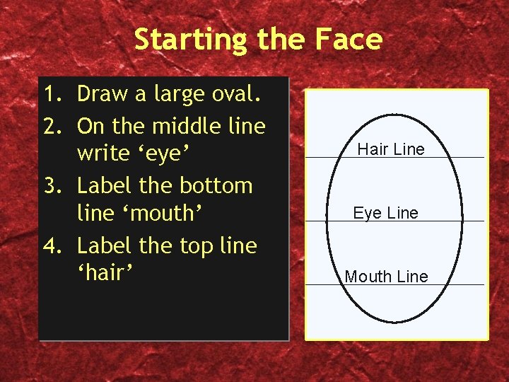 Starting the Face 1. Draw a large oval. 2. On the middle line write