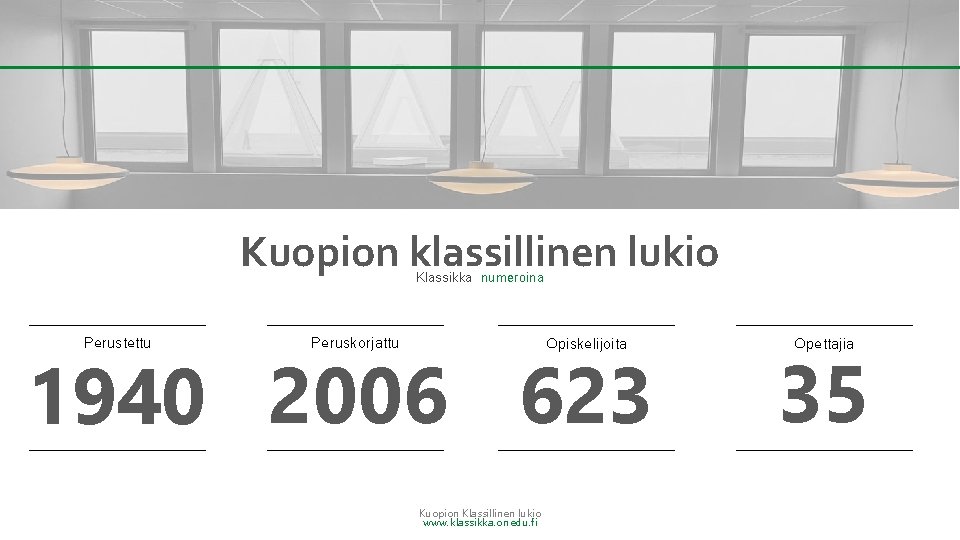 Kuopion klassillinen lukio Klassikka numeroina Perustettu Peruskorjattu Opiskelijoita 1940 2006 623 Kuopion Klassillinen lukio