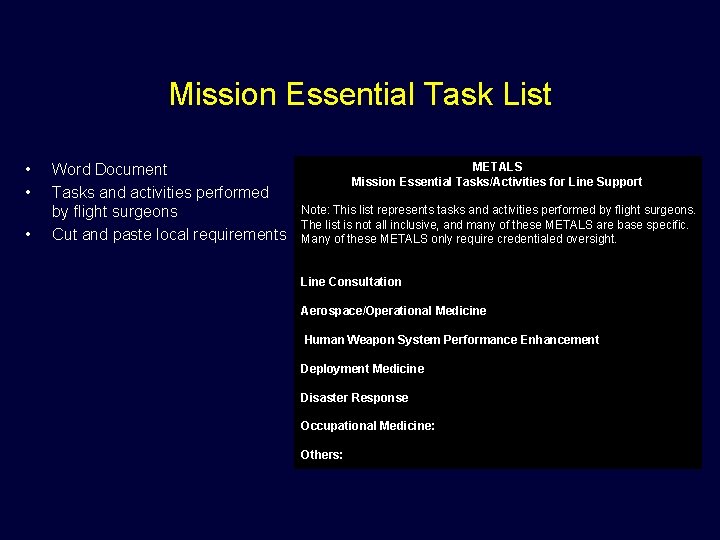 Mission Essential Task List • • • Word Document Tasks and activities performed by