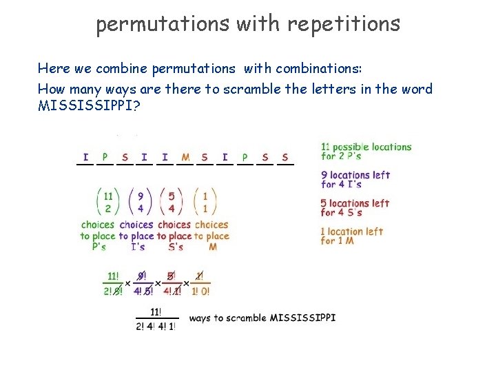 permutations with repetitions Here we combine permutations with combinations: How many ways are there