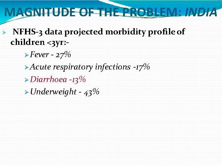 MAGNITUDE OF THE PROBLEM: INDIA NFHS-3 data projected morbidity profile of children <3 yr: