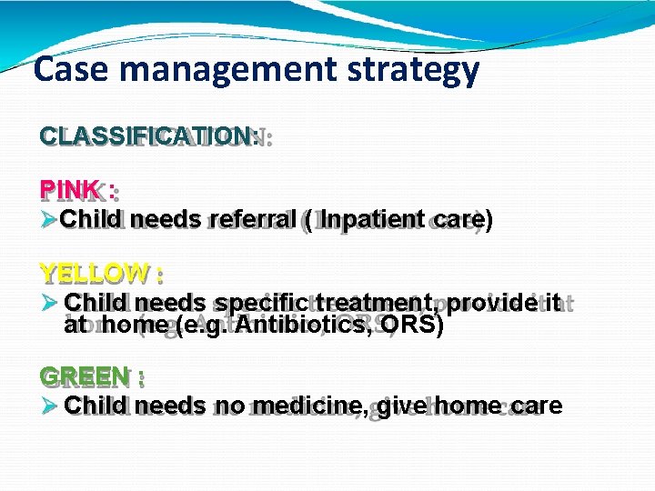 Case management strategy CLASSIFICATION: PINK : Child needs referral ( Inpatient care) YELLOW :