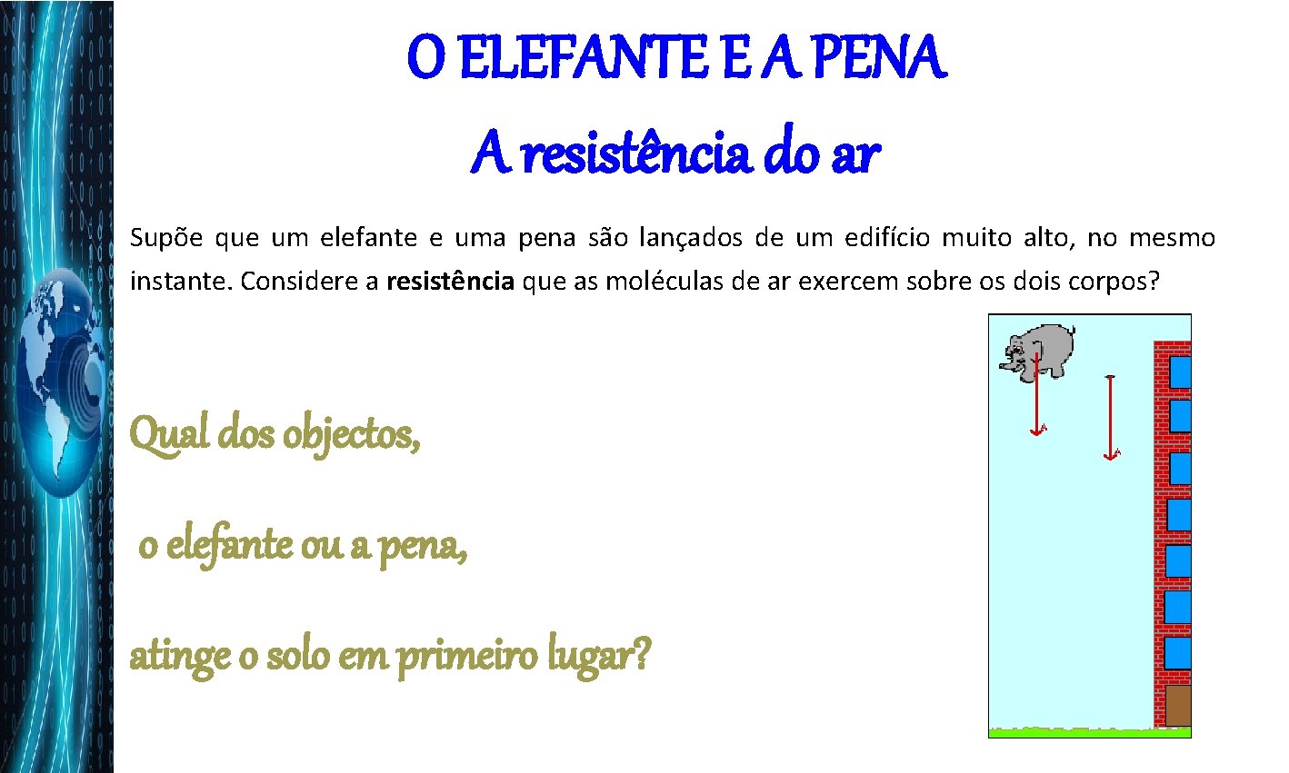 O ELEFANTE E A PENA A resistência do ar Supõe que um elefante e