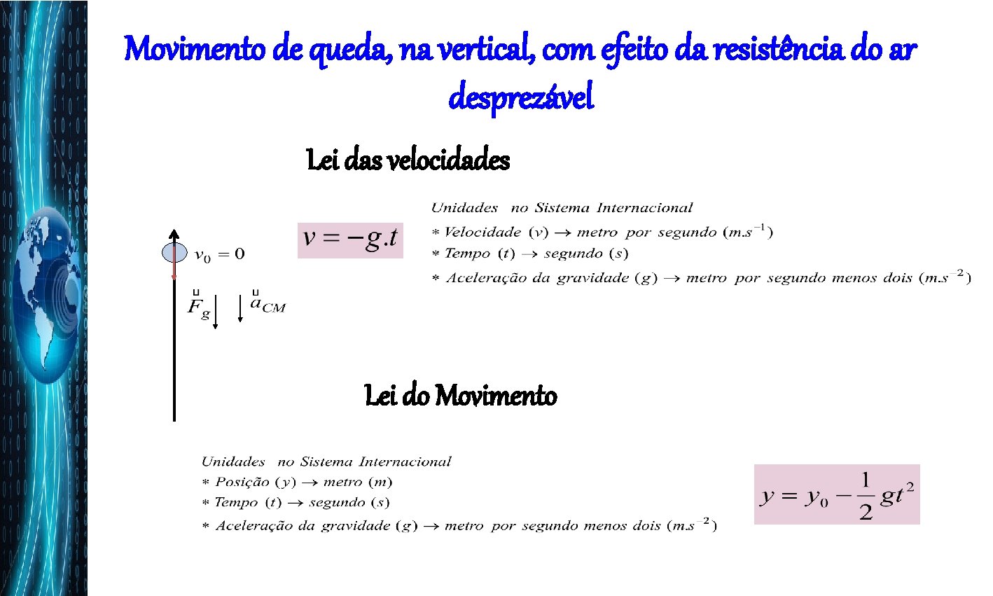 Movimento de queda, na vertical, com efeito da resistência do ar desprezável Lei das