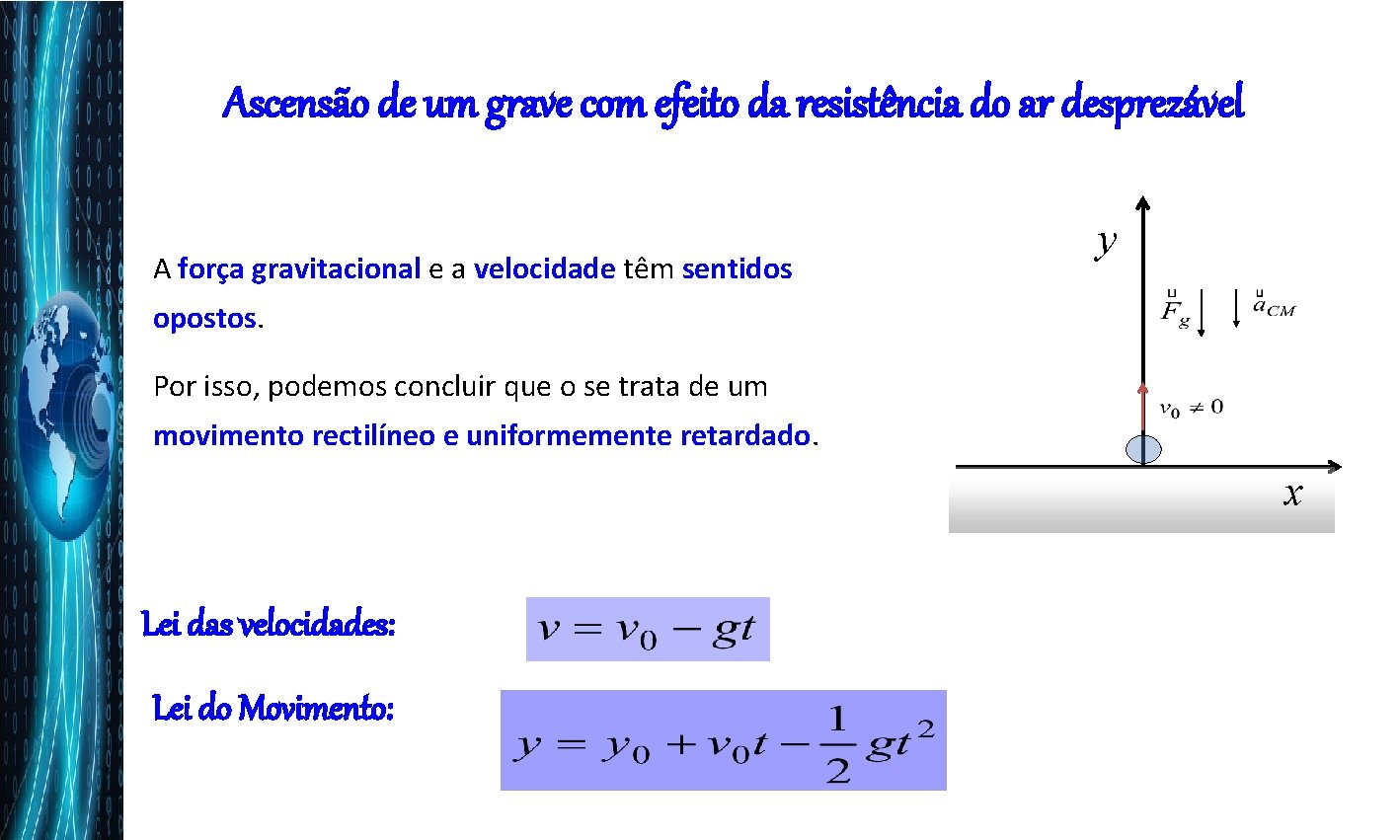 Ascensão de um grave com efeito da resistência do ar desprezável A força gravitacional