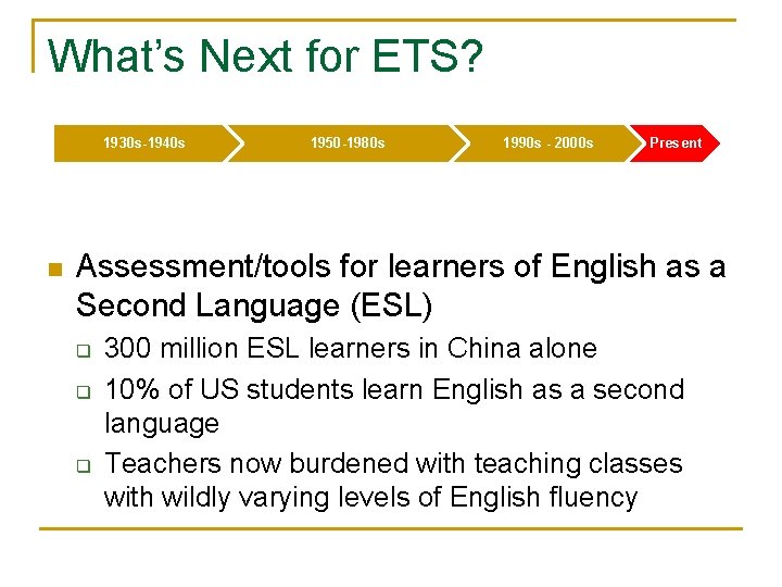 What’s Next for ETS? 1930 s-1940 s n 1950 -1980 s 1990 s -