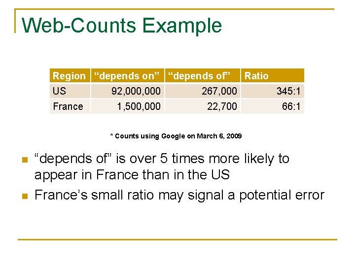 Web-Counts Example Region “depends on” “depends of” US France Ratio 92, 000 267, 000