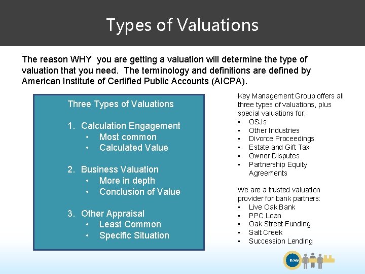 Types of Valuations The reason WHY you are getting a valuation will determine the