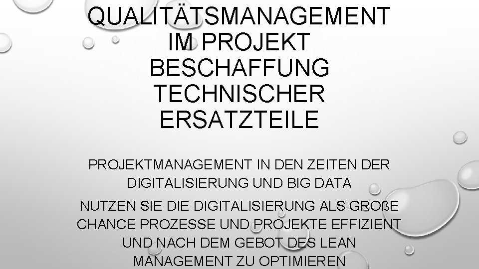 QUALITÄTSMANAGEMENT IM PROJEKT BESCHAFFUNG TECHNISCHER ERSATZTEILE PROJEKTMANAGEMENT IN DEN ZEITEN DER DIGITALISIERUNG UND BIG