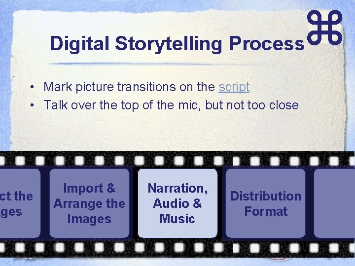  Digital Storytelling Process • Mark picture transitions on the script • Talk over