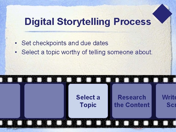  Digital Storytelling Process • Set checkpoints and due dates • Select a topic