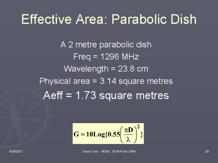 Effective Area: Parabolic Dish A 2 metre parabolic dish Freq = 1296 MHz Wavelength