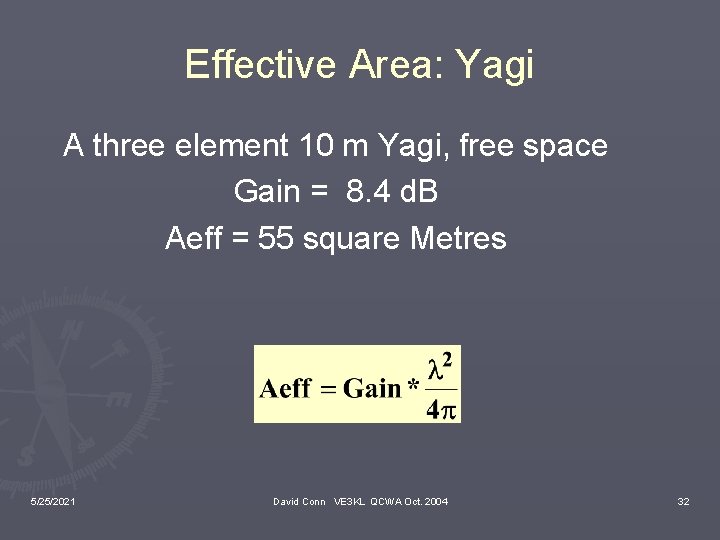 Effective Area: Yagi A three element 10 m Yagi, free space Gain = 8.