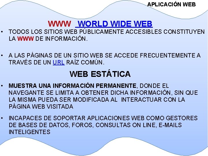 APLICACIÓN WEB WWW WORLD WIDE WEB • TODOS LOS SITIOS WEB PÚBLICAMENTE ACCESIBLES CONSTITUYEN