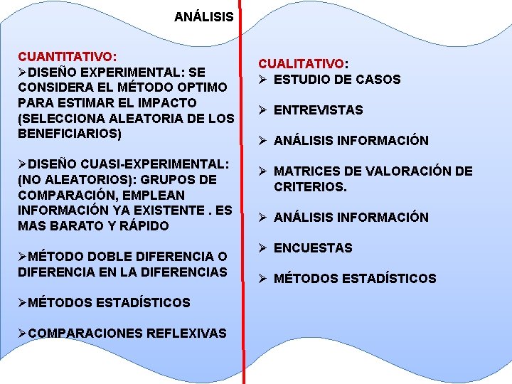 ANÁLISIS CUANTITATIVO: ØDISEÑO EXPERIMENTAL: SE CONSIDERA EL MÉTODO OPTIMO PARA ESTIMAR EL IMPACTO (SELECCIONA