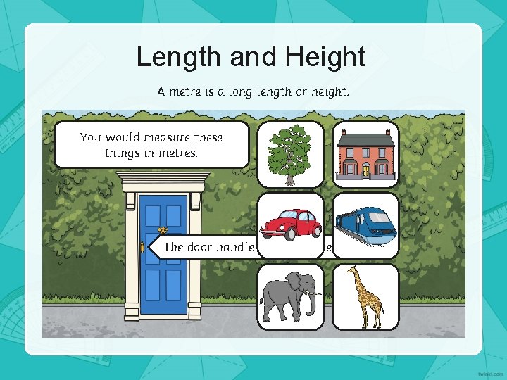 Length and Height A metre is a long length or height. You would measure