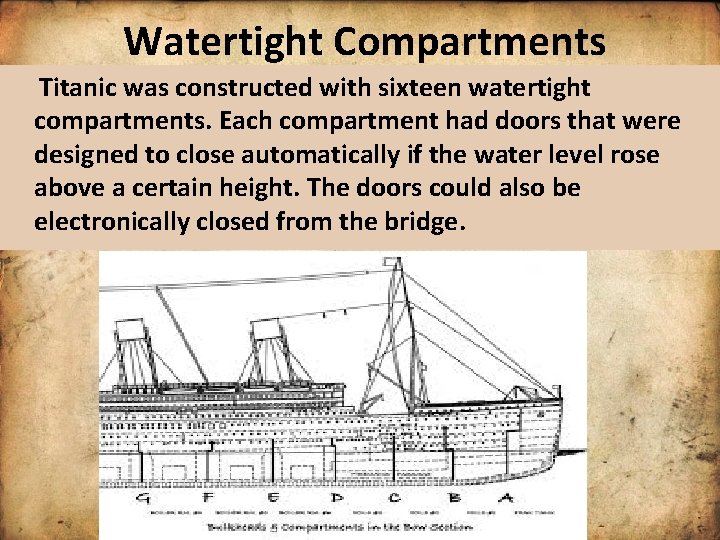 Watertight Compartments Titanic was constructed with sixteen watertight compartments. Each compartment had doors that