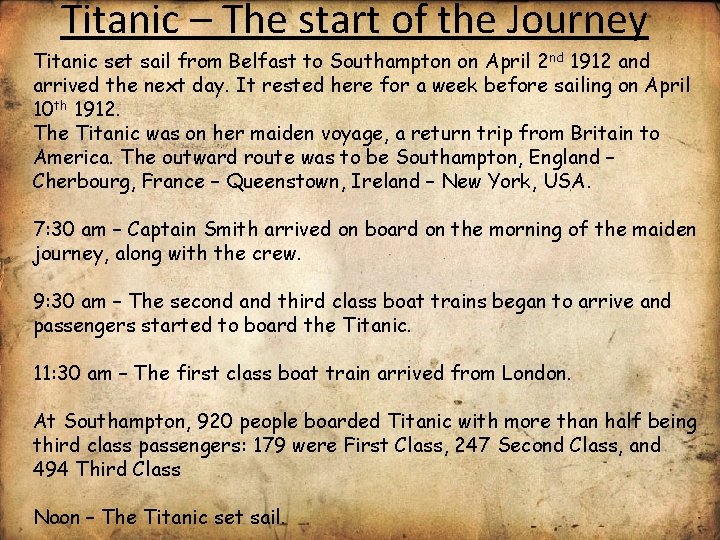 Titanic – The start of the Journey Titanic set sail from Belfast to Southampton