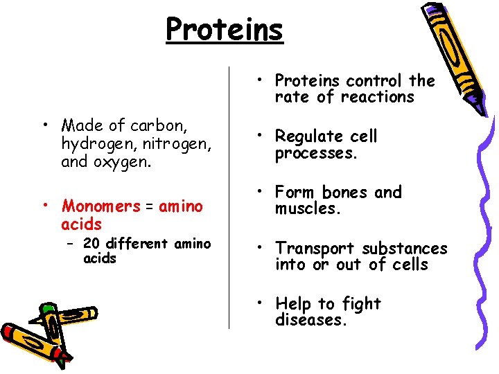 Proteins • Proteins control the rate of reactions • Made of carbon, hydrogen, nitrogen,