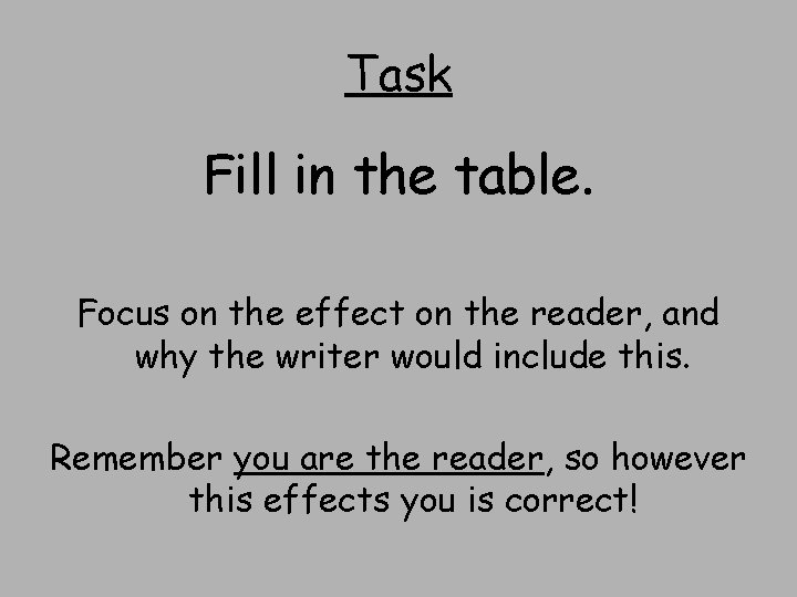 Task Fill in the table. Focus on the effect on the reader, and why
