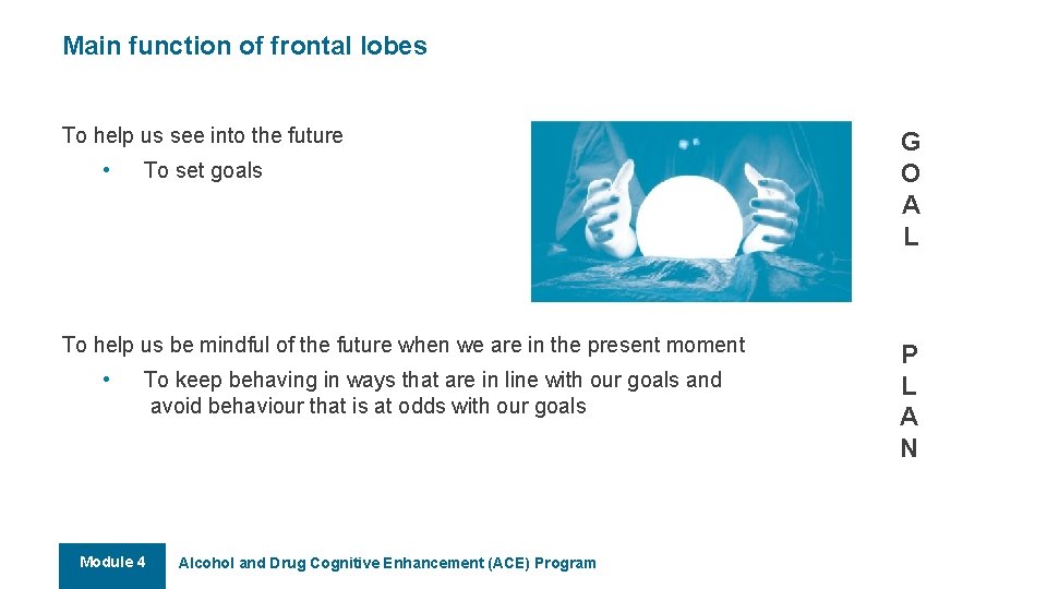 Main function of frontal lobes To help us see into the future • To Main function of frontal lobes To help us see into the future • To