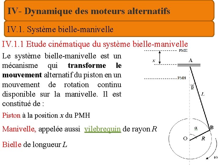 IV- Dynamique des moteurs alternatifs IV. 1. Système bielle-manivelle IV. 1. 1 Etude cinématique