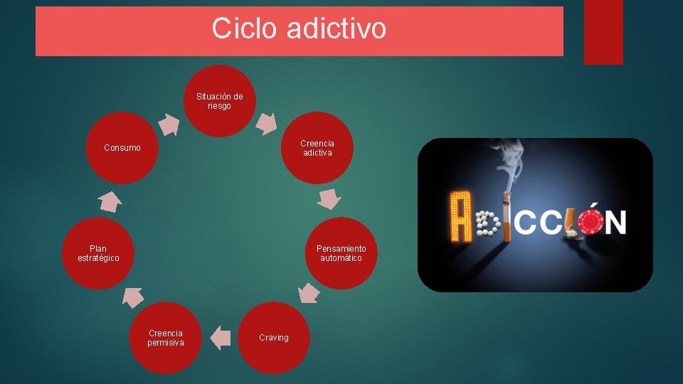 Ciclo adictivo Situación de riesgo Creencia adictiva Consumo Plan estratégico Pensamiento automático Creencia permisiva
