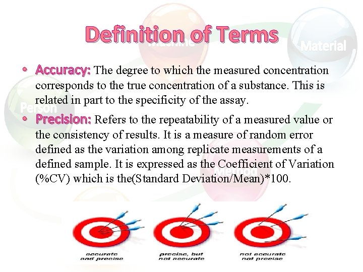 Definition of Terms • Accuracy: The degree to which the measured concentration corresponds to