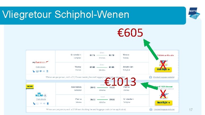 Vliegretour Schiphol-Wenen € 605 X € 1013 X 17 