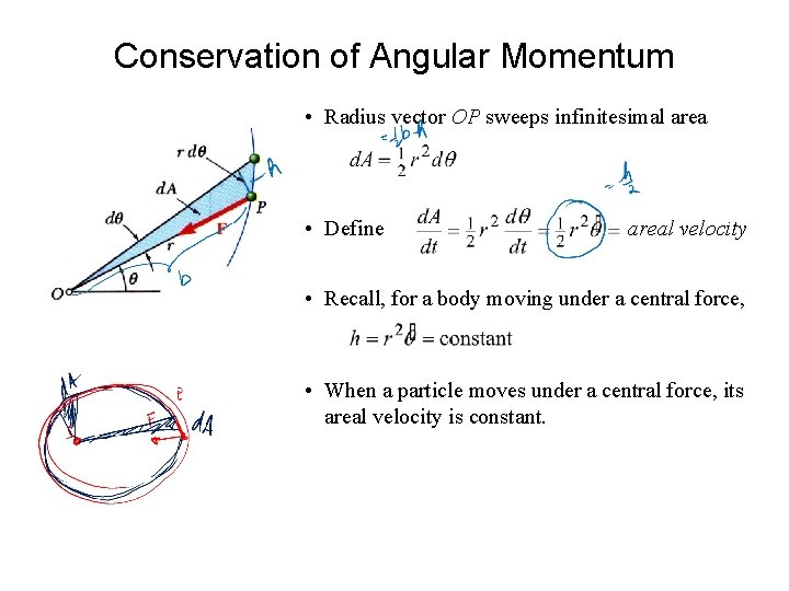 Conservation of Angular Momentum • Radius vector OP sweeps infinitesimal area • Define areal