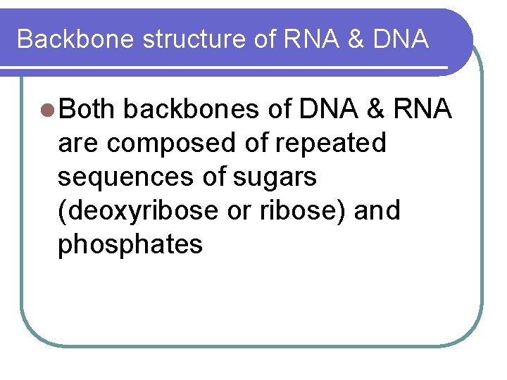 Backbone structure of RNA & DNA l Both backbones of DNA & RNA are