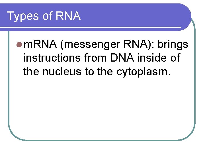 Types of RNA l m. RNA (messenger RNA): brings instructions from DNA inside of