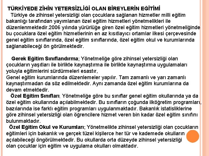 TÜRKİYEDE ZİHİN YETERSİZLİĞİ OLAN BİREYLERİN EĞİTİMİ Türkiye de zihinsel yetersizliği olan çocuklara sağlanan hizmetler