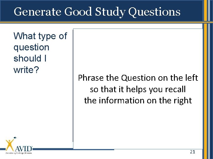 Generate Good Study Questions What type of • Your questions should reflect: question should