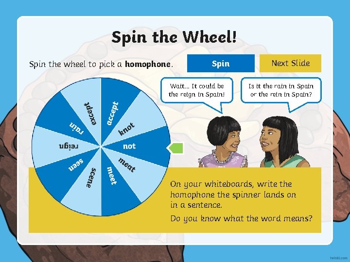 Spin the Wheel! Spin the wheel to pick a homophone. Spin Wait. . .