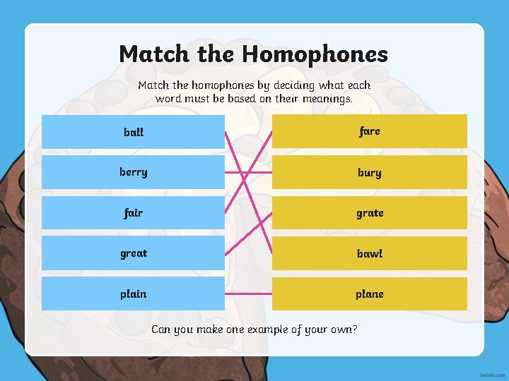 Match the Homophones Match the homophones by deciding what each word must be based