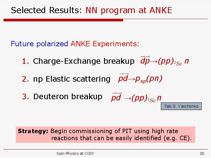 Selected Results: NN program at ANKE Future polarized ANKE Experiments: →→ 1. Charge-Exchange breakup