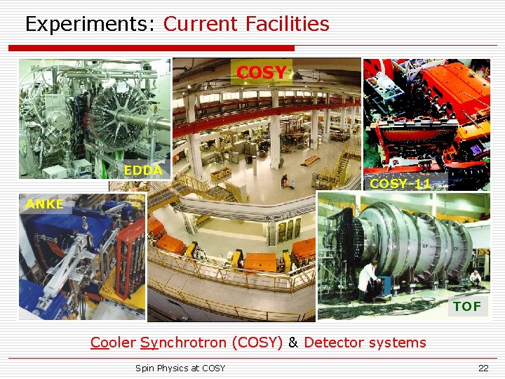 Experiments: Current Facilities COSY EDDA COSY-11 ANKE TOF Cooler Synchrotron (COSY) & Detector systems