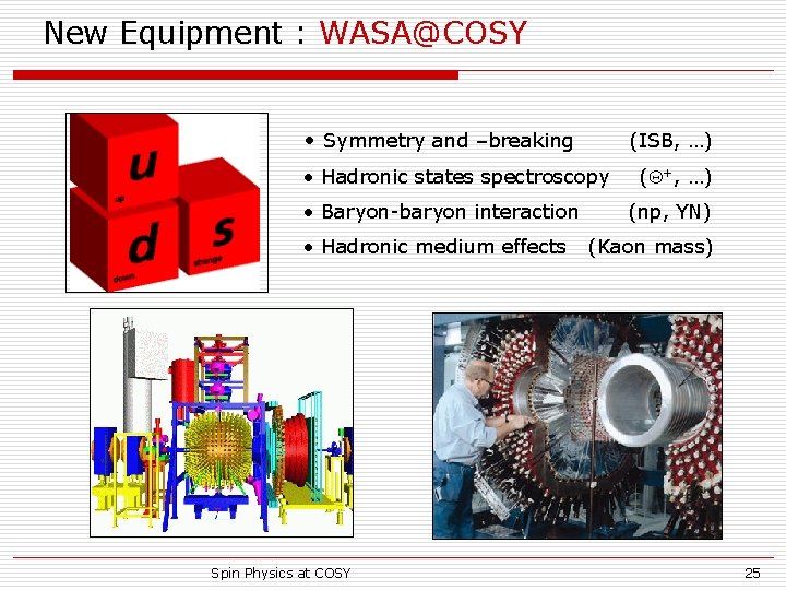 New Equipment : WASA@COSY • Symmetry and –breaking (ISB, …) • Hadronic states spectroscopy