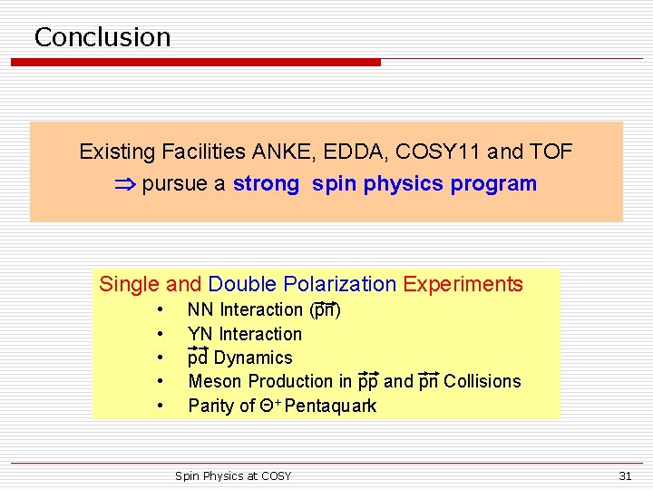 Conclusion Existing Facilities ANKE, EDDA, COSY 11 and TOF pursue a strong spin physics
