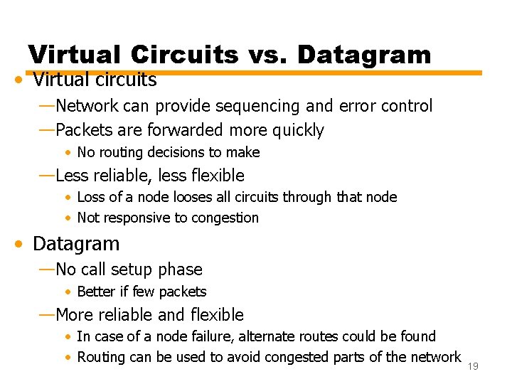 Virtual Circuits vs. Datagram • Virtual circuits —Network can provide sequencing and error control