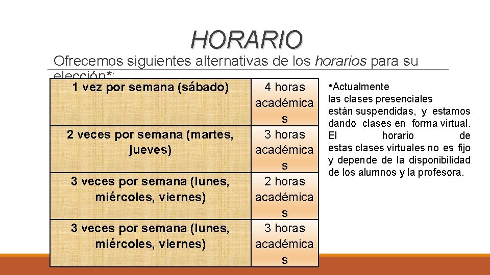HORARIO Ofrecemos siguientes alternativas de los horarios para su elección*: 1 vez por semana