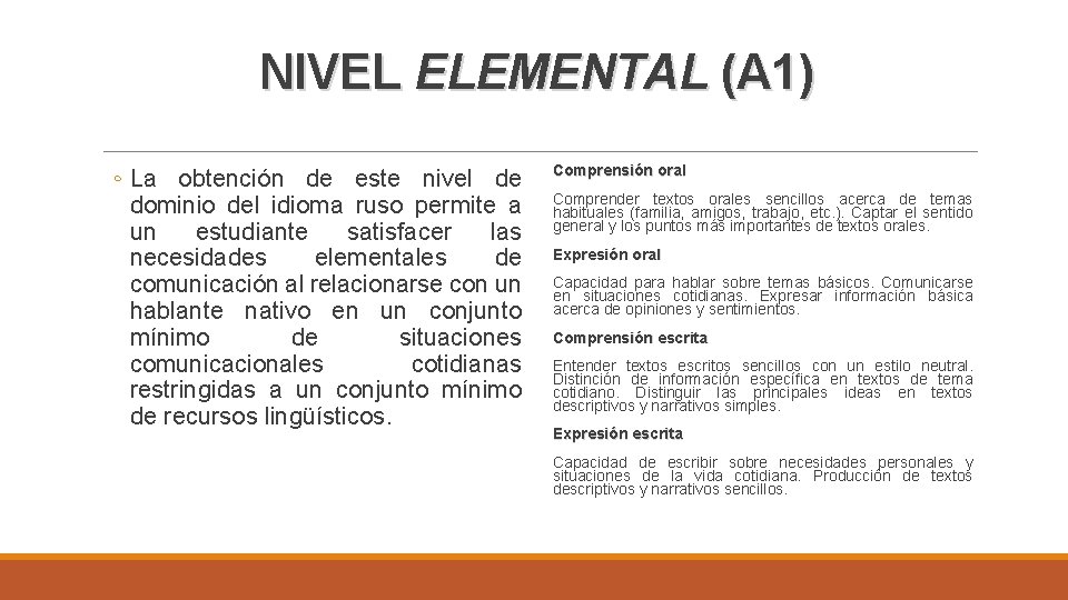 NIVEL ELEMENTAL (A 1) ◦ La obtención de este nivel de dominio del idioma