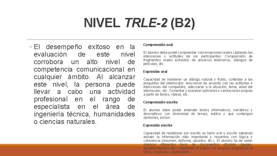 NIVEL TRLE-2 (B 2) ◦ El desempeño exitoso en la evaluación de este nivel