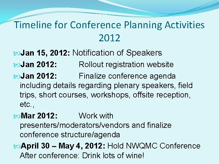 Timeline for Conference Planning Activities 2012 Jan 15, 2012: Notification of Speakers Jan 2012:
