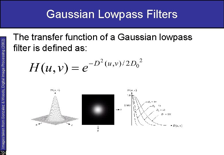Images taken from Gonzalez & Woods, Digital Image Processing (2002) Gaussian Lowpass Filters The