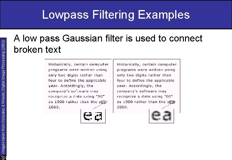 Images taken from Gonzalez & Woods, Digital Image Processing (2002) Lowpass Filtering Examples A