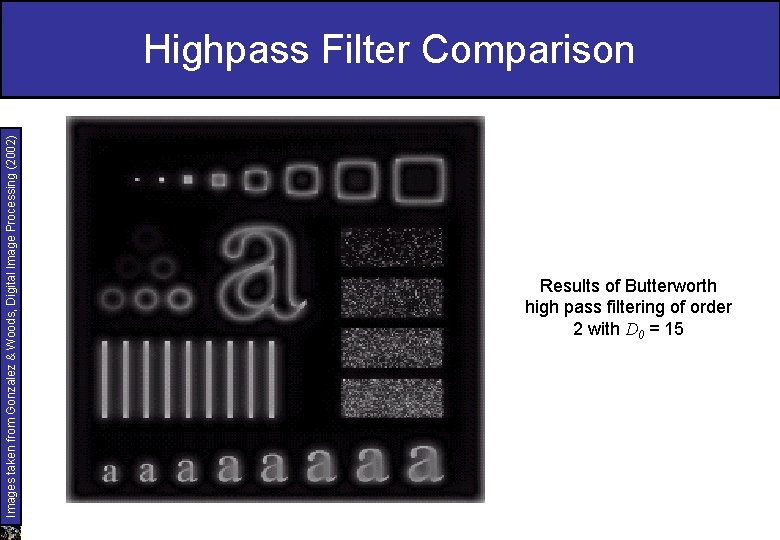 Images taken from Gonzalez & Woods, Digital Image Processing (2002) Highpass Filter Comparison Results