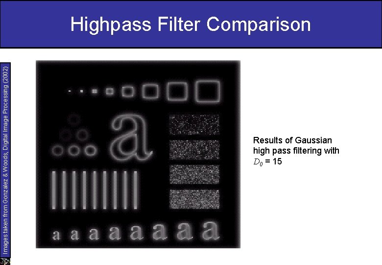 Images taken from Gonzalez & Woods, Digital Image Processing (2002) Highpass Filter Comparison Results